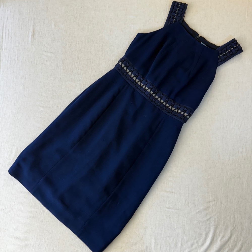 Antonio Melani Navy Blue Lattice Cutout Sheath Dress Womens Size 6 Sleeveless